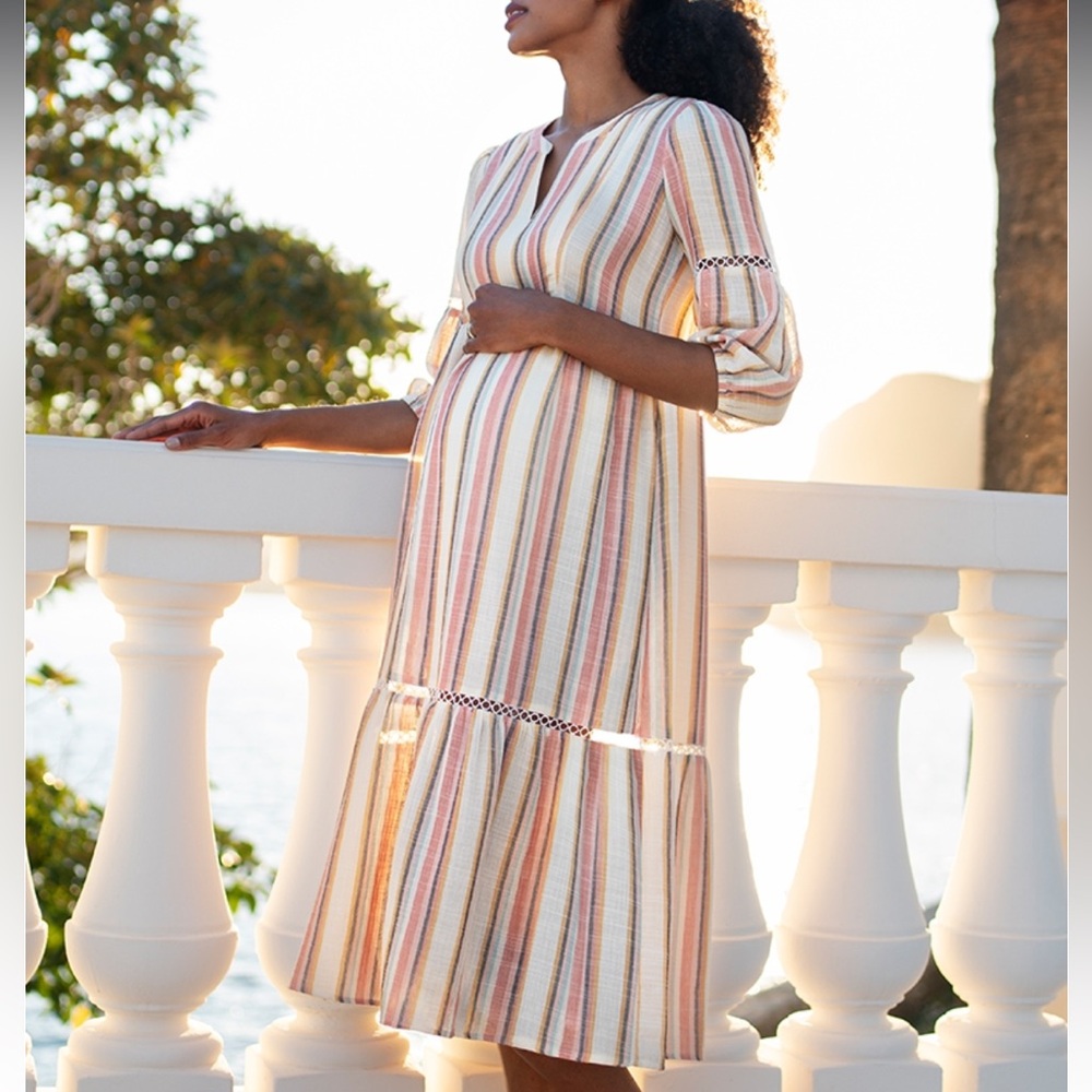 Norma Lace Trim Vintage Stripe Midi Maternity to Nursing Dress